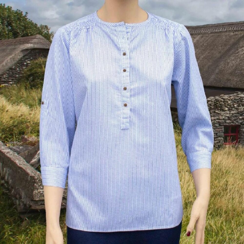 Civilian Irish traditional blue stripe cotton henley blouse roll tab sleeves